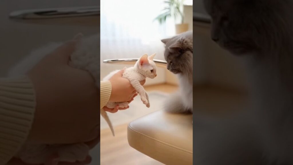 デボンレックス白仔猫を預かる灰色猫　#aicat #ai猫 #オッドアイ猫 #灰色猫