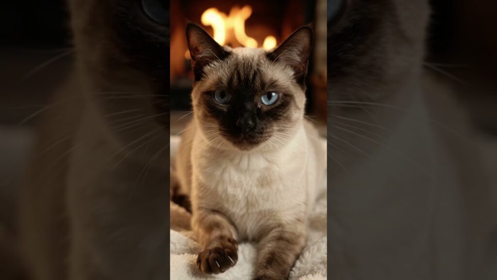 【癒し】暖炉の前でふみふみするシャム猫🐱