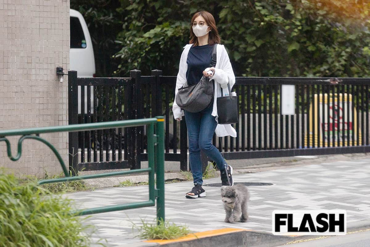 田中は店から出るとすぐにサングラス姿に。カフェからのタクシーを降りると愛犬と散歩